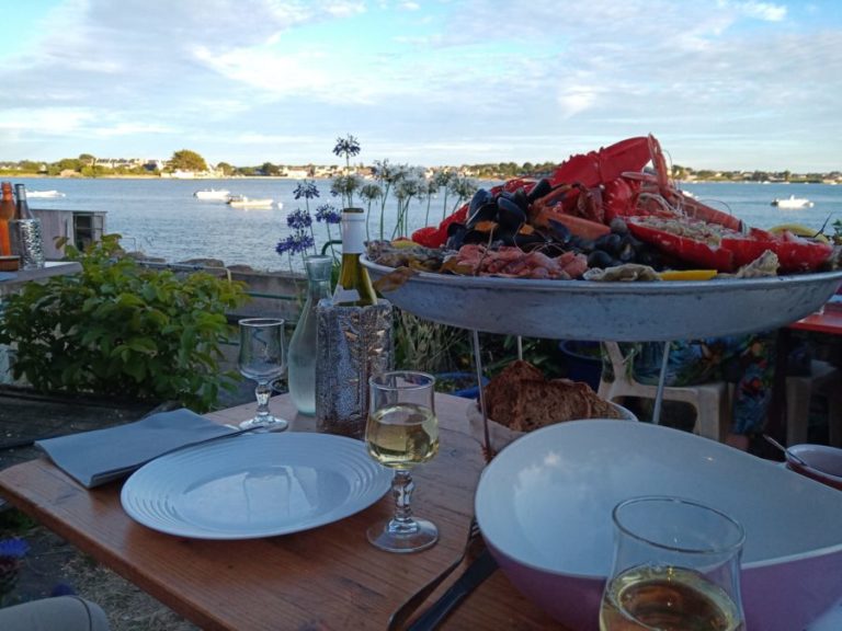 a seafood platter with sea view